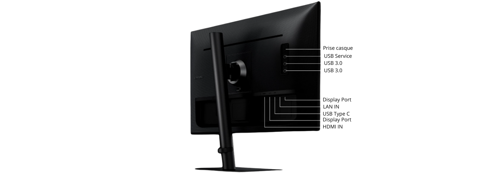 Vue arrière du moniteur Samsung ViewFinity S9 avec connectique et support ergonomique.