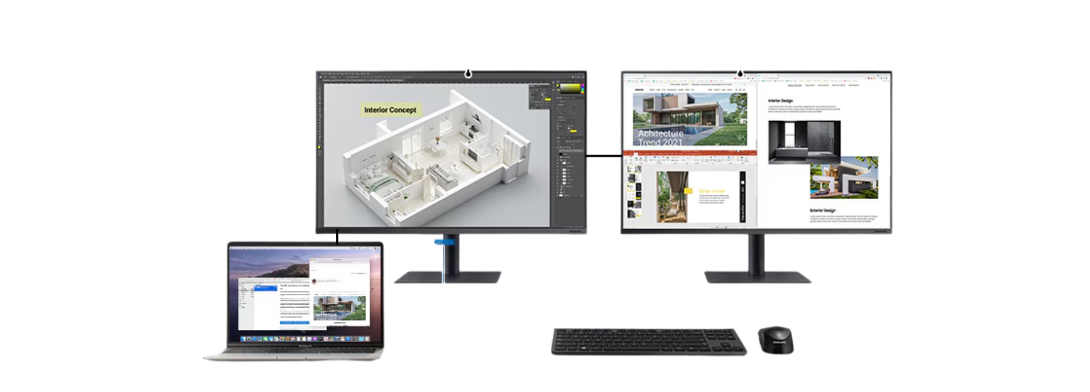 Configuration multi-écrans Samsung ViewFinity pour la création graphique et le multitâche professionnel.