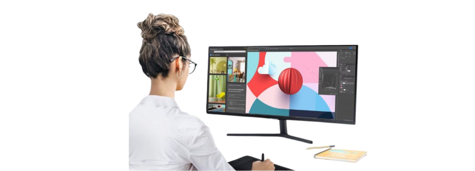 Designer utilisant un écran Samsung ViewFinity pour des travaux de création graphique.