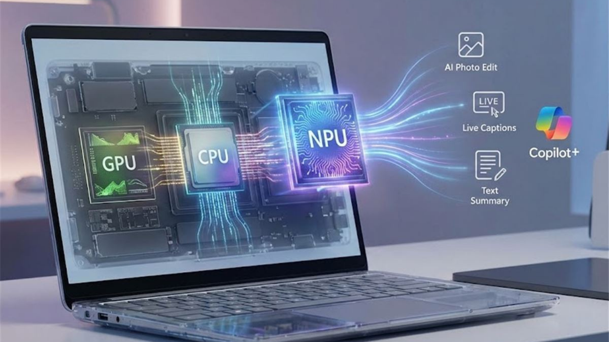 Ordinateur portable Copilot+ PC illustrant les composants GPU, CPU et NPU dédiés aux fonctions d'intelligence artificielle.