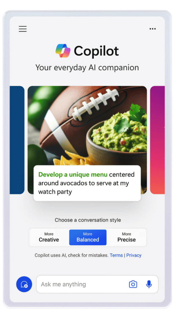 Interface de Microsoft Copilot sur mobile