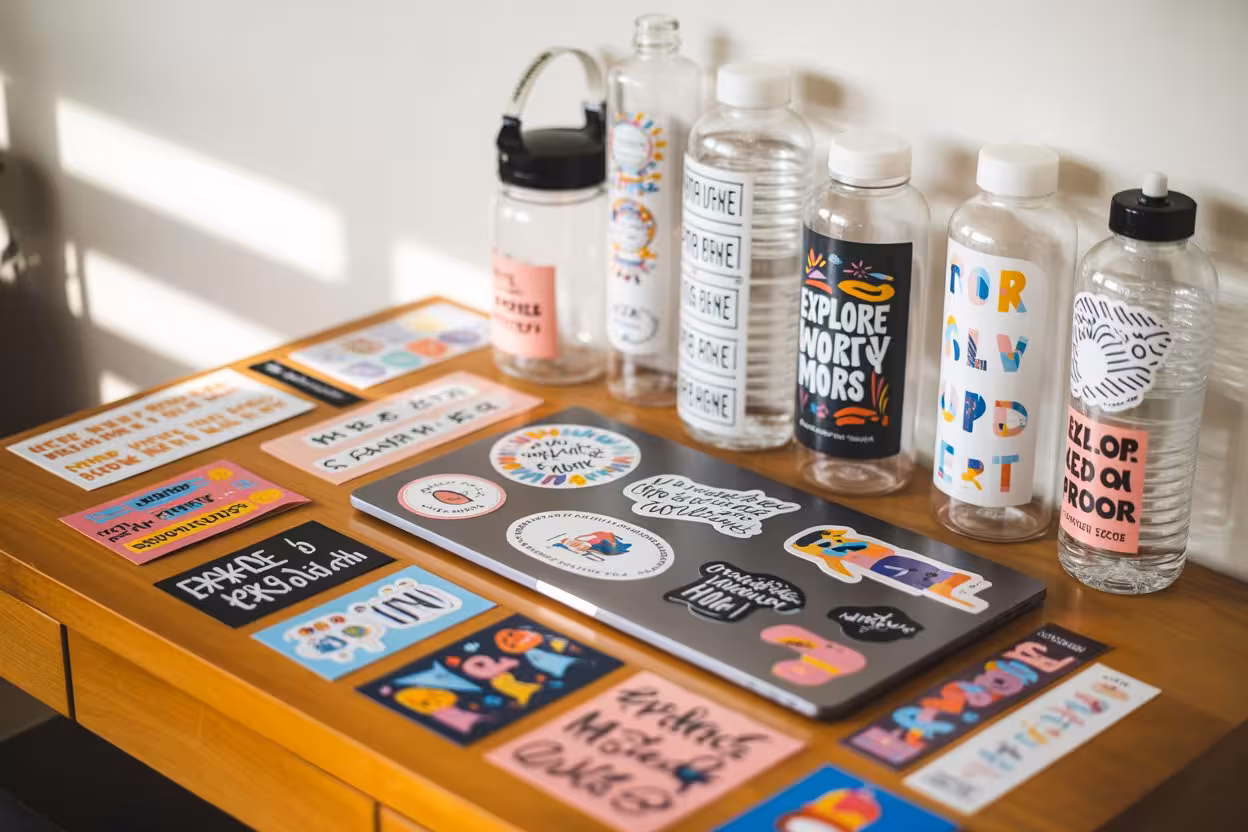 What is a sticker? - Showing different stickers on water bottles and a laptop
