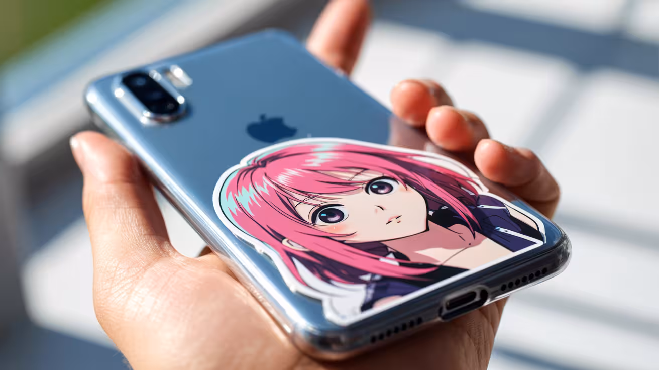 custom anime sticker on the back of a smart phone