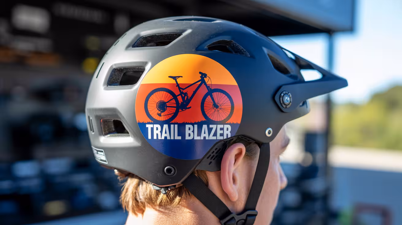 custom sticker on a bike helmet