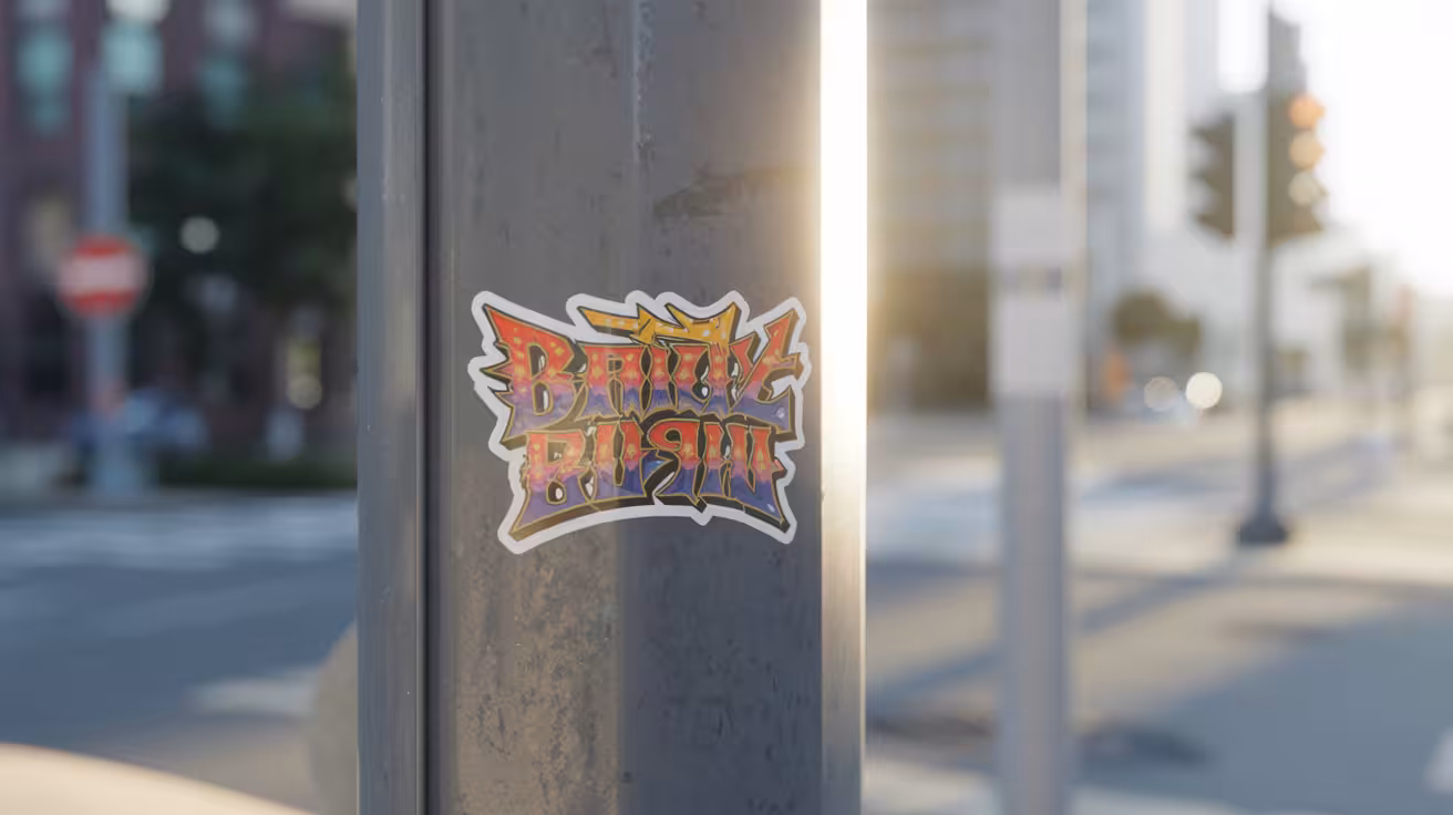 sticker of a local band on a traffic light pole