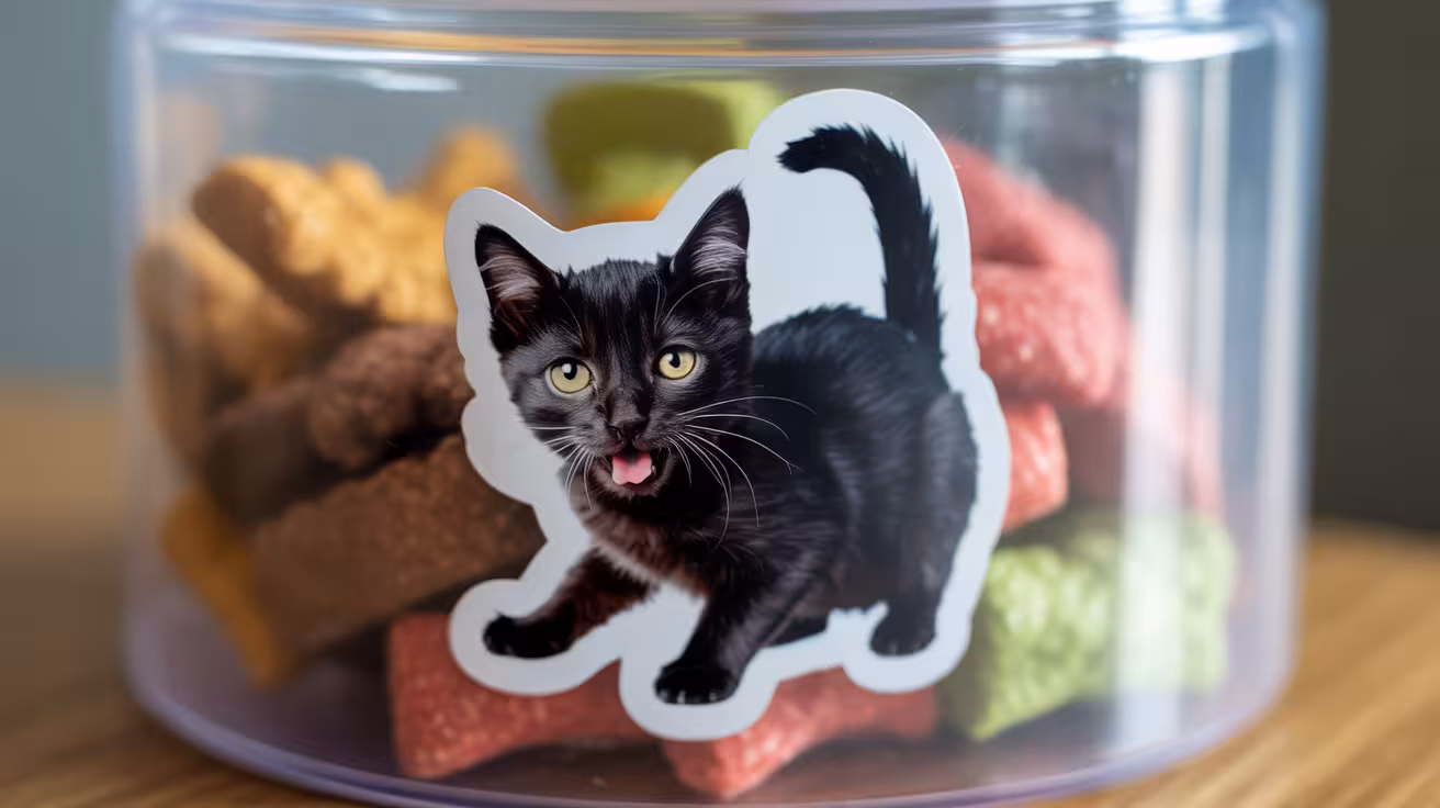 cat sticker on a container for treats