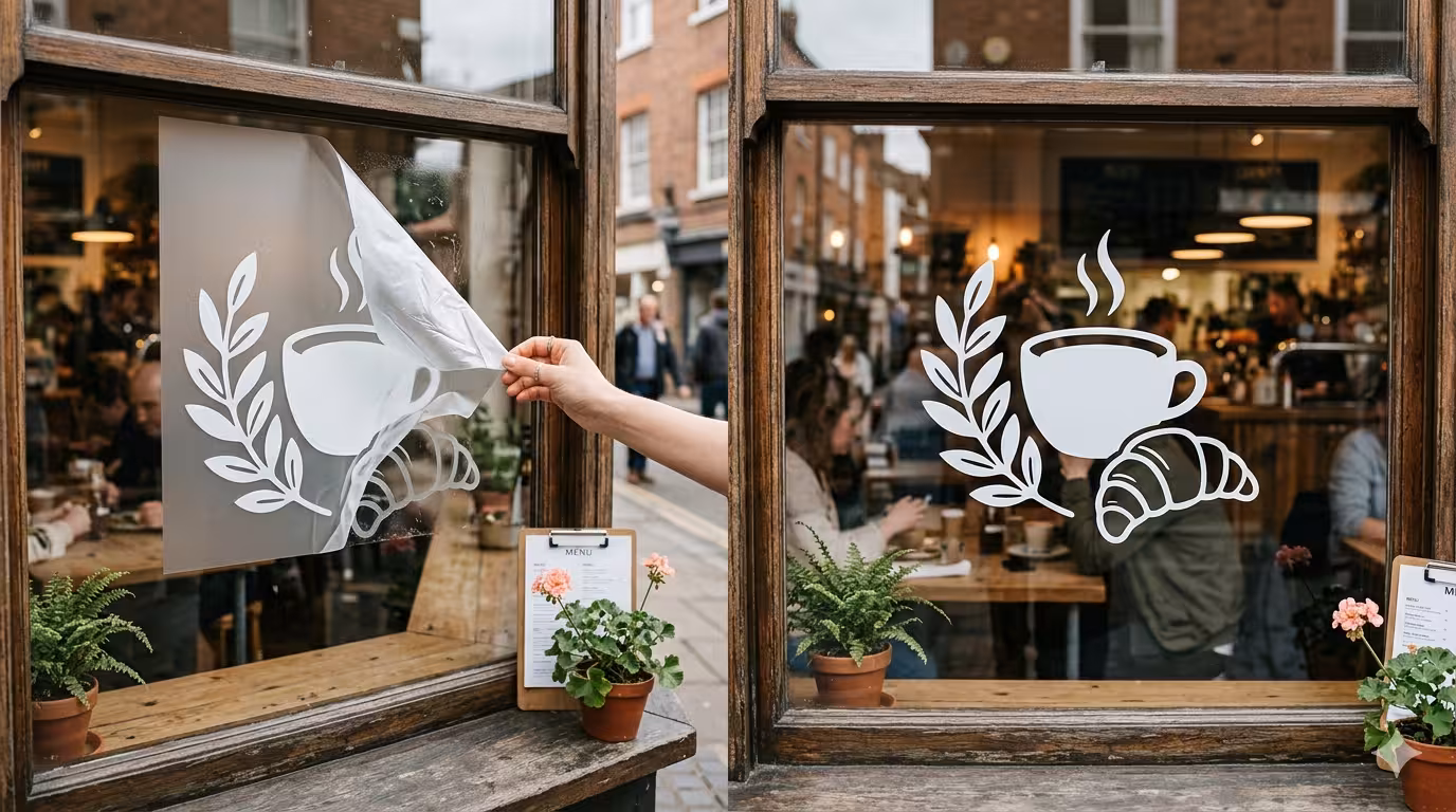 Fensterbilder an einem Café entfernen und wiederverwenden