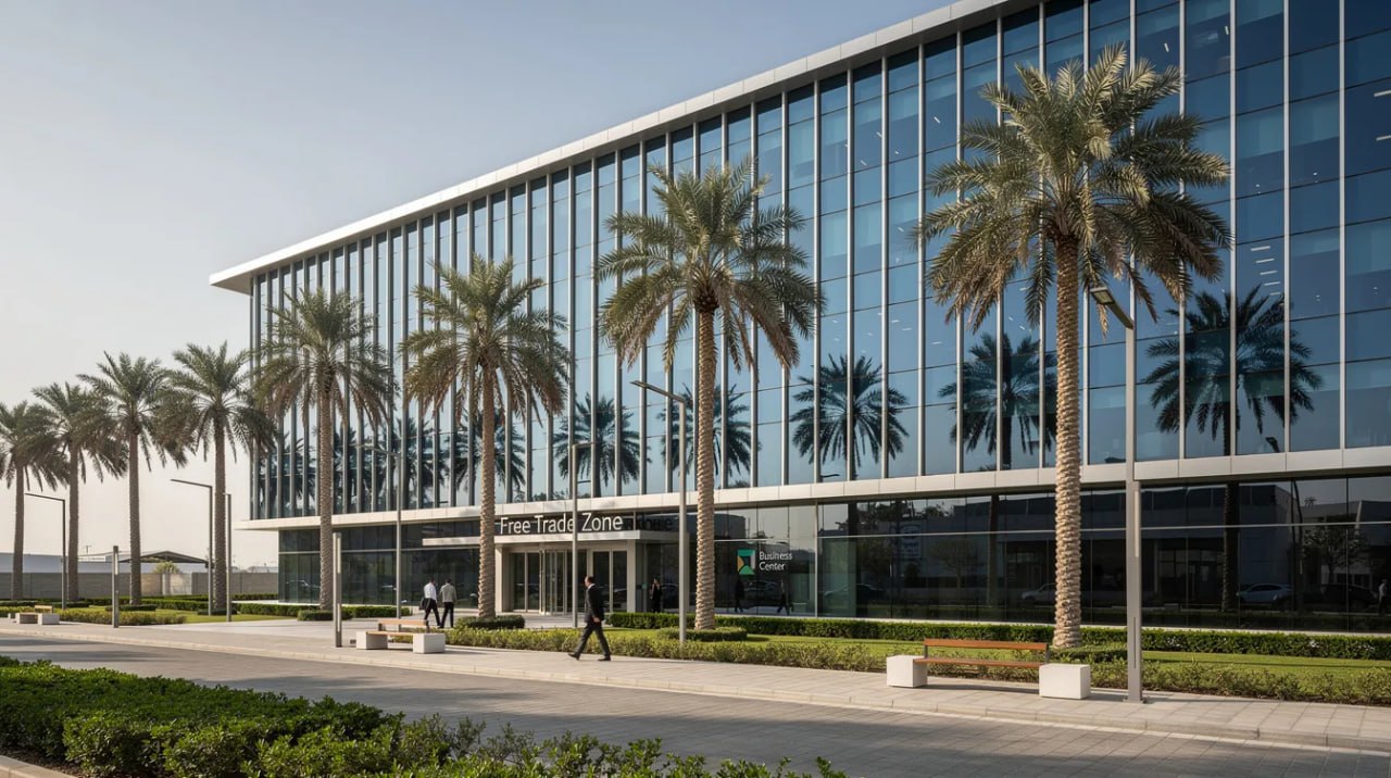 Modernes Bürogebäude einer Free Trade Zone in Dubai mit Glasfassade und Palmen
