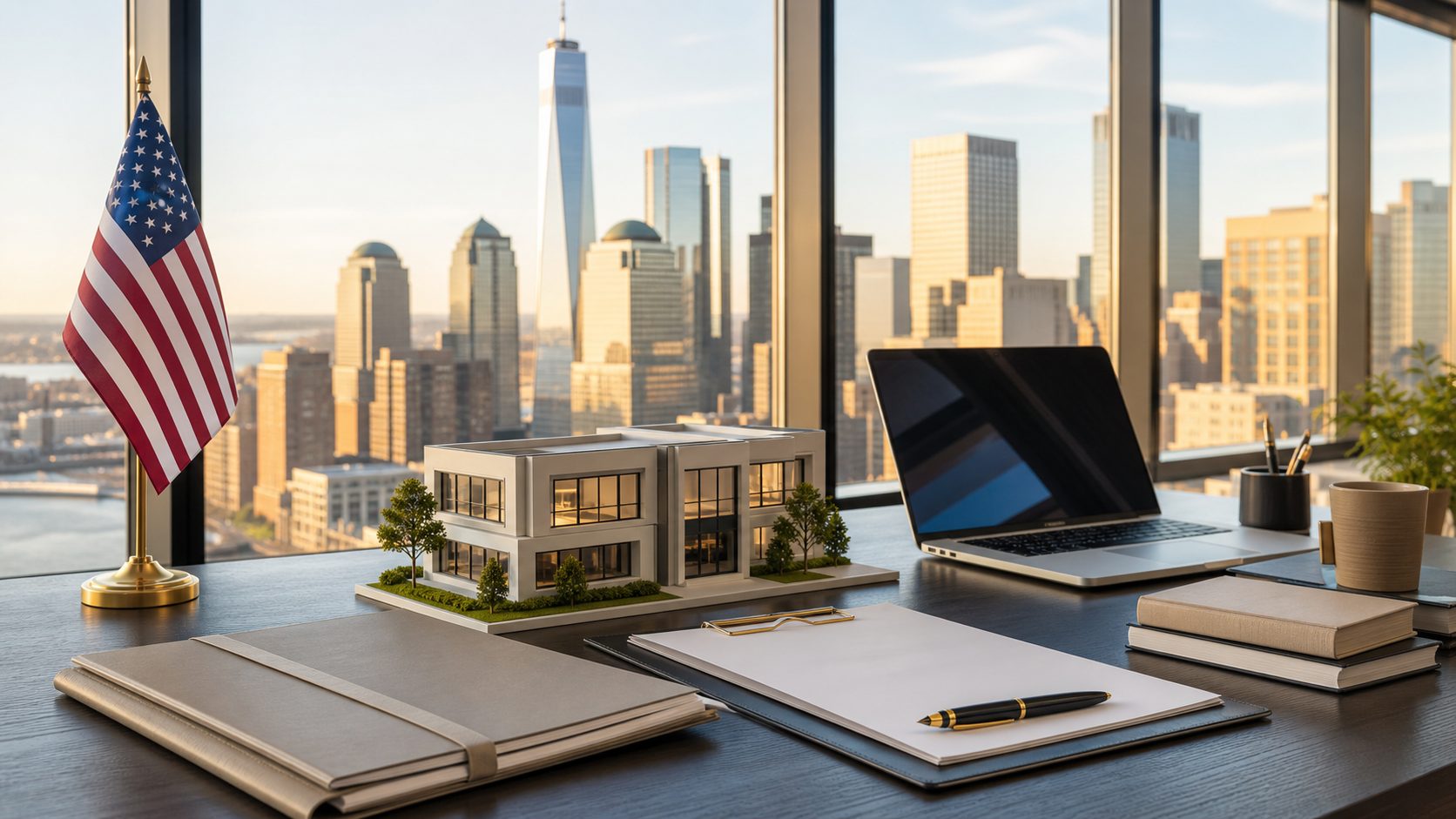 Schreibtisch mit US-Tischflagge, Modell eines Buerogebaeudes und Laptop vor der Skyline von New York