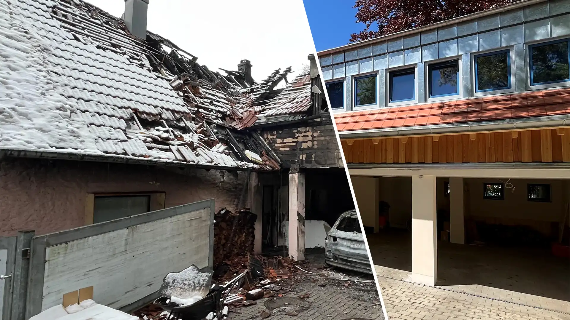 Das Bild vergleicht den Zustand eines Hauses nach einem Brandschaden und während der Sanierung. Auf der linken Schadensseite sieht man das ausgebrannte Dach, auf der rechten Sanierungsseite sieht man bereits neu eingesetzte Fenster und ein neu gedecktes Dach.