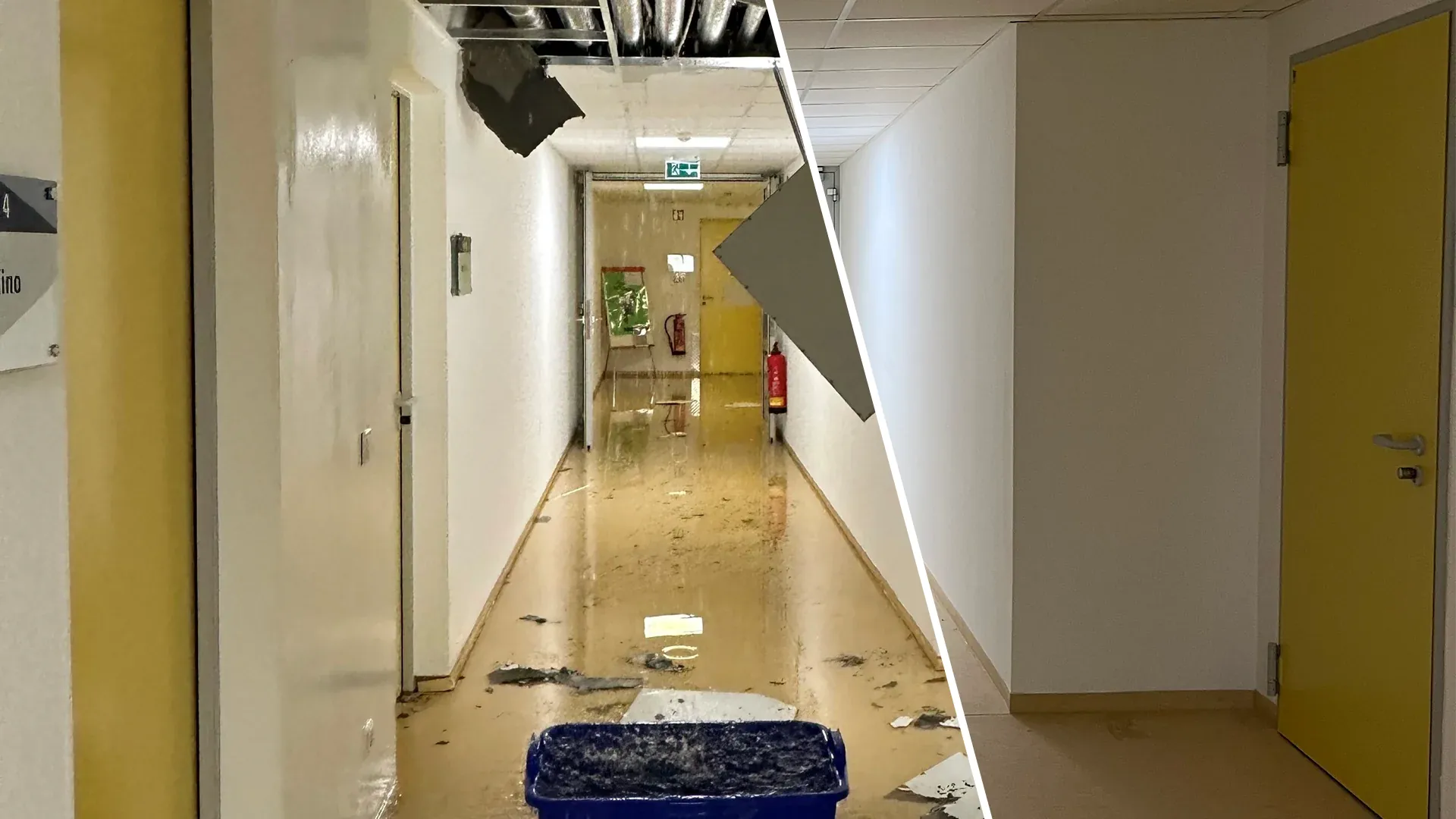 Vergleich eines Flurs vor und nach Elementarschaden, links beschädigter Boden mit Wasser und Schmutz, rechts sauberer, trockener Flur mit weißen Wänden