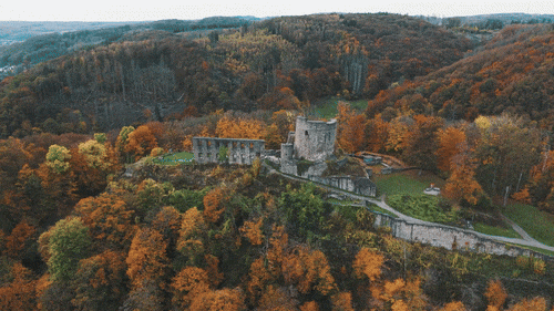 Luftaufnahme einer alten Steinburg, umgeben von einem herbstlich gefärbten Wald auf sanften Hügeln.