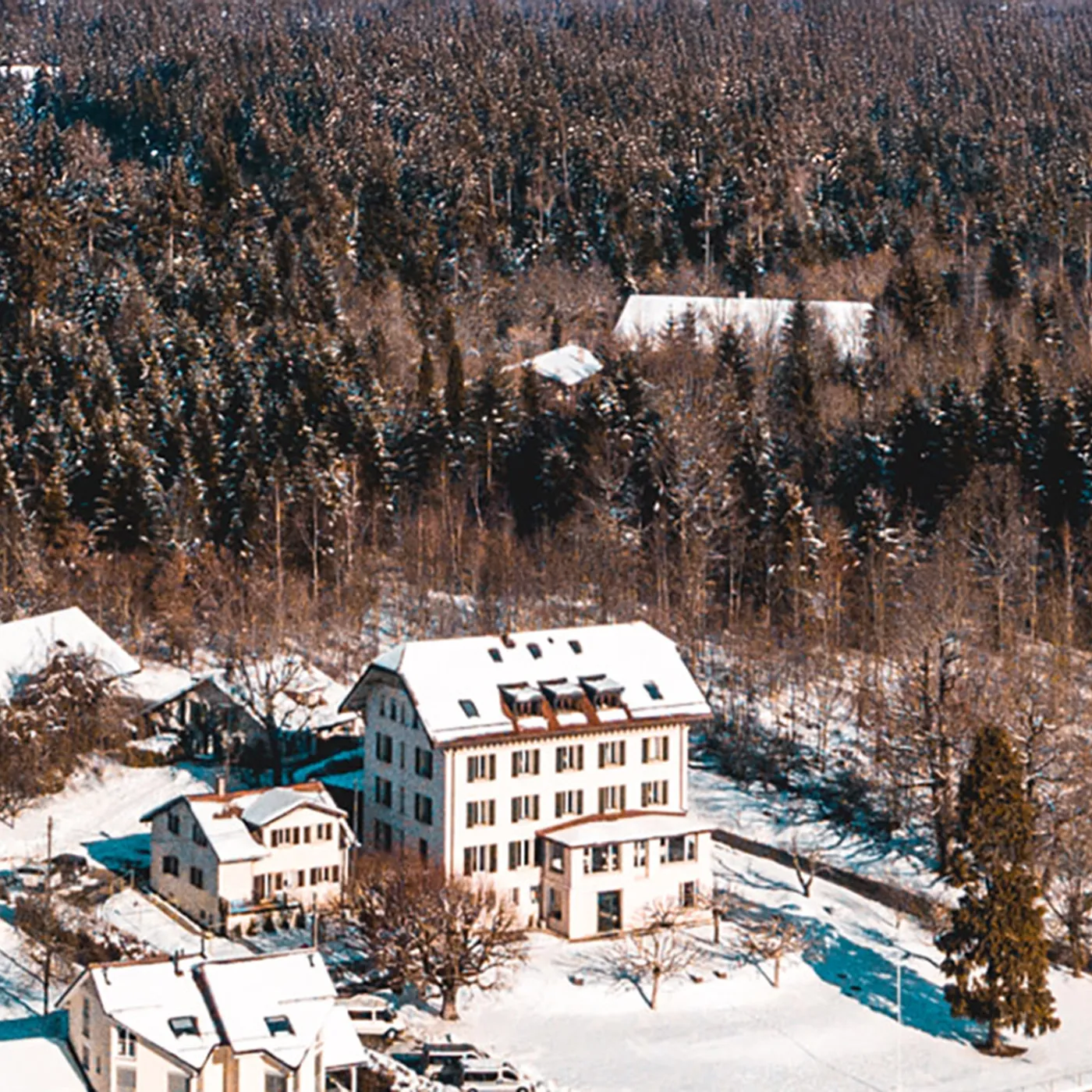 A larger building among smaller buildings covered in snow with a forest of trees in the background.