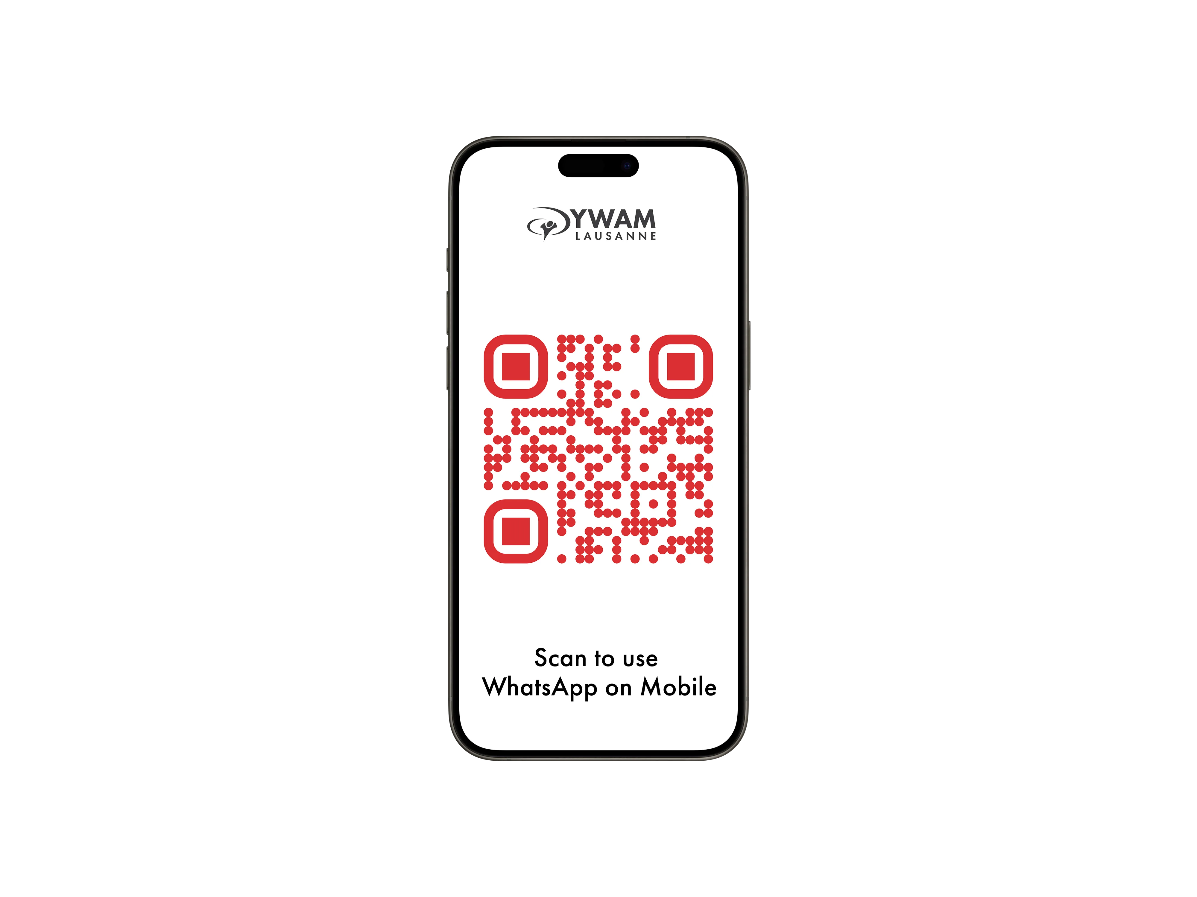 An iPhone mockup image containing a QR code for Whatsapp and a link for Whatspp Web - English.