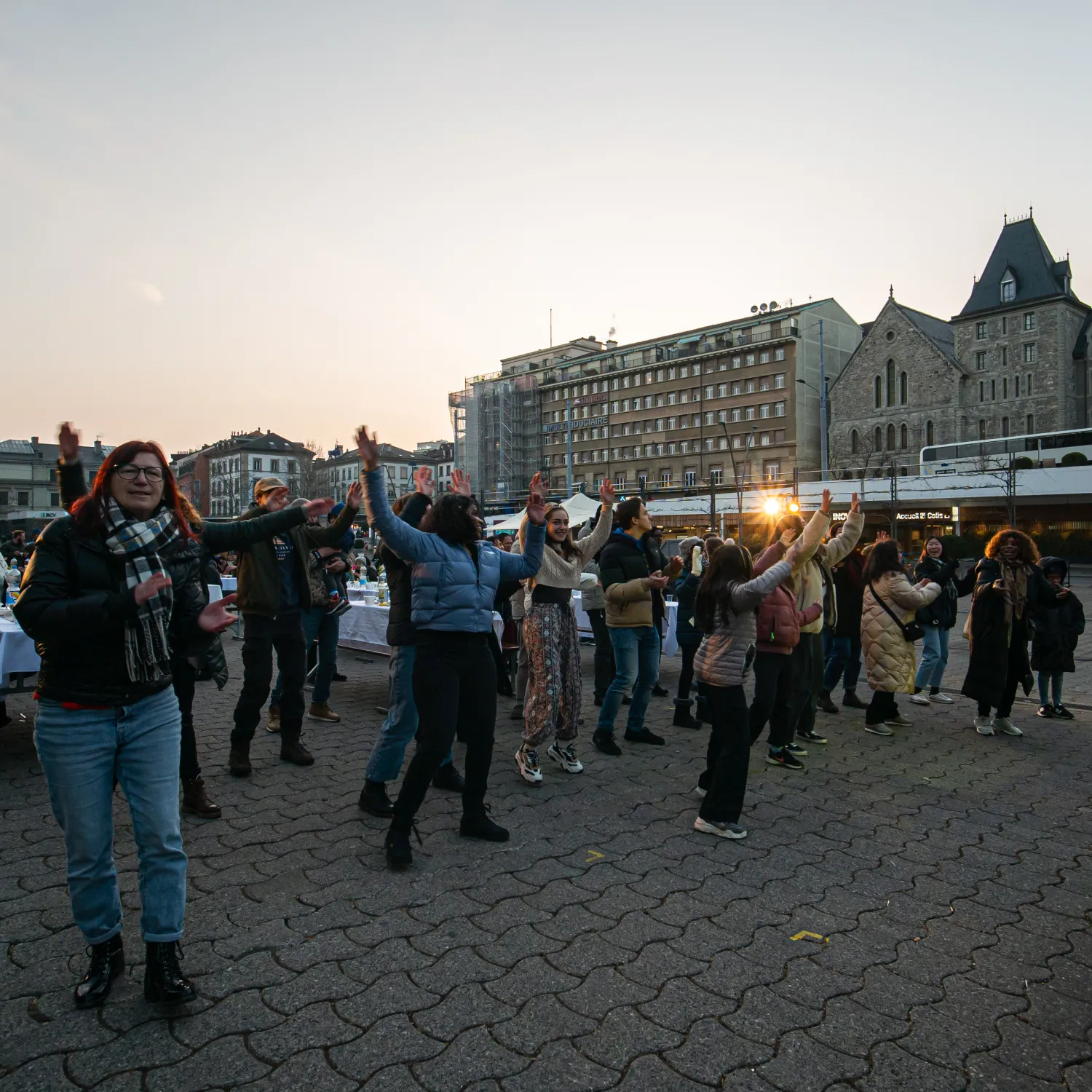 YWAM students gathered in the city centre of Lausanne, Switzerland worshipping.