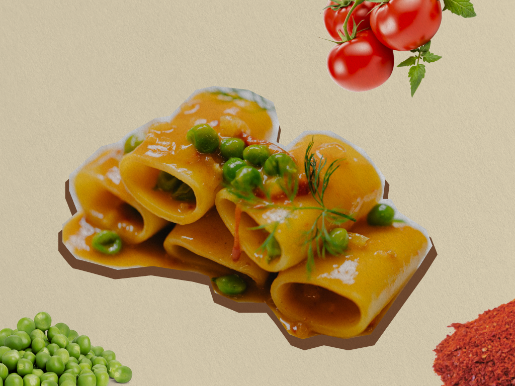 Paccheri pasta with red pepper sauce, cherry tomatoes, fresh peas and dill, elegant plating