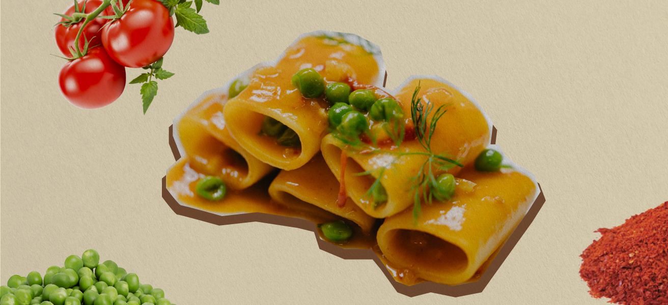 Paccheri pasta with red pepper sauce, cherry tomatoes, fresh peas and dill, elegant plating