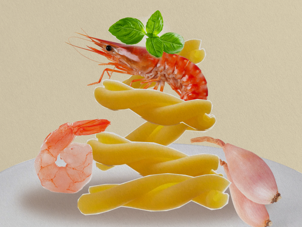 Casarecce with Viola Shrimp Bisque, Raw Viola Shrimp, Burrata, and Fresh Basil recipe from Pasta Livia