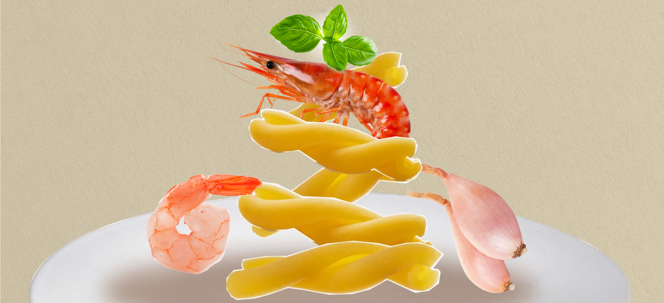 Casarecce with Viola Shrimp Bisque, Raw Viola Shrimp, Burrata, and Fresh Basil recipe from Pasta Livia