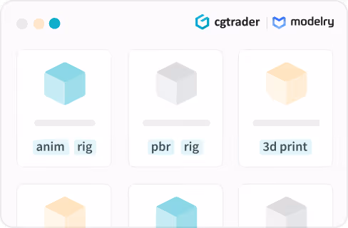Fenêtre du navigateur affichant six cubes 3D colorés avec des tags tels que anim rig, pbr rig et 3D print, ainsi que des logos pour cgtrader et modelry.