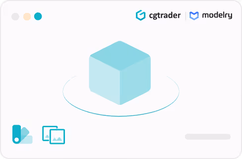 Interface utilisateur avec un cube 3D bleu flottant et les logos de CGTrader et Modelry sur fond blanc.