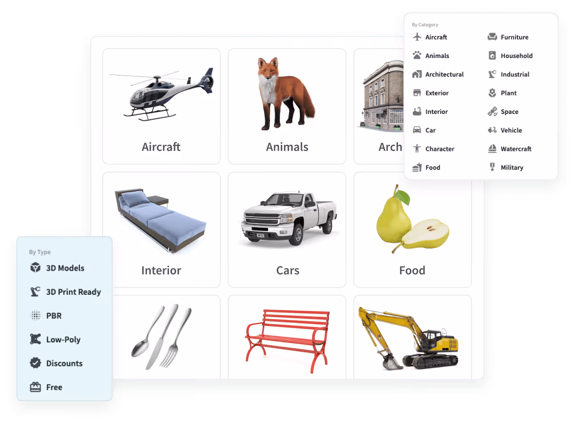 Interface affichant les catégories d'actifs 3D, notamment les aéronefs, les animaux, l'architecture, l'intérieur, les voitures, la nourriture, les ustensiles, les bancs et les excavateurs, avec des options de filtrage par catégorie et par type.