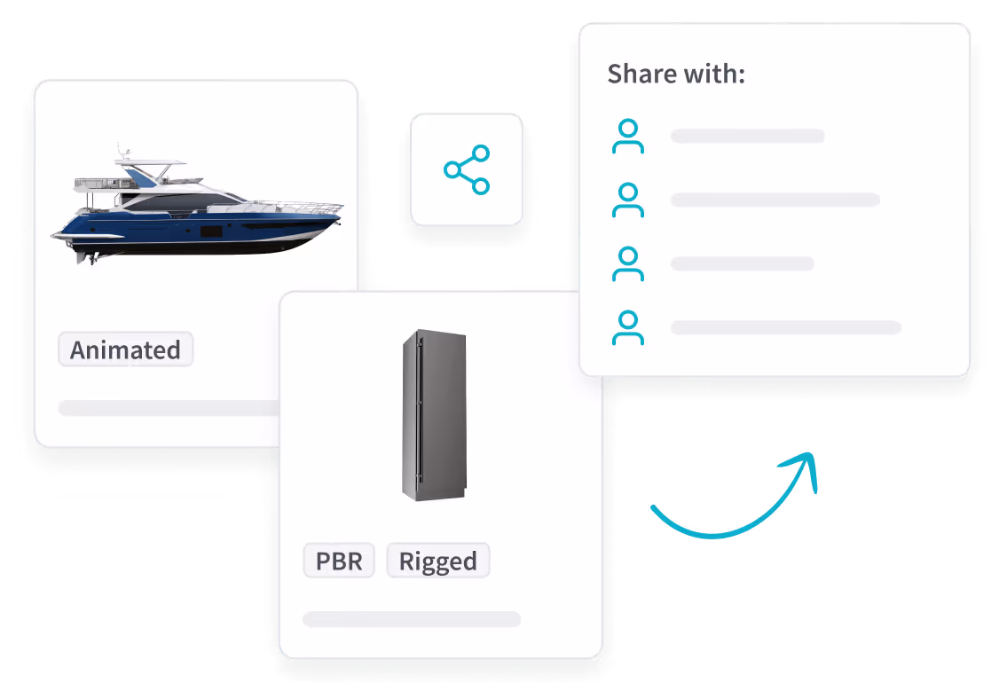 Illustration montrant un yacht bleu étiqueté « Animé », un grand réfrigérateur gris étiqueté « PBR » et « Rigged », une icône de partage et un panneau « Partager avec : » répertoriant les utilisateurs.