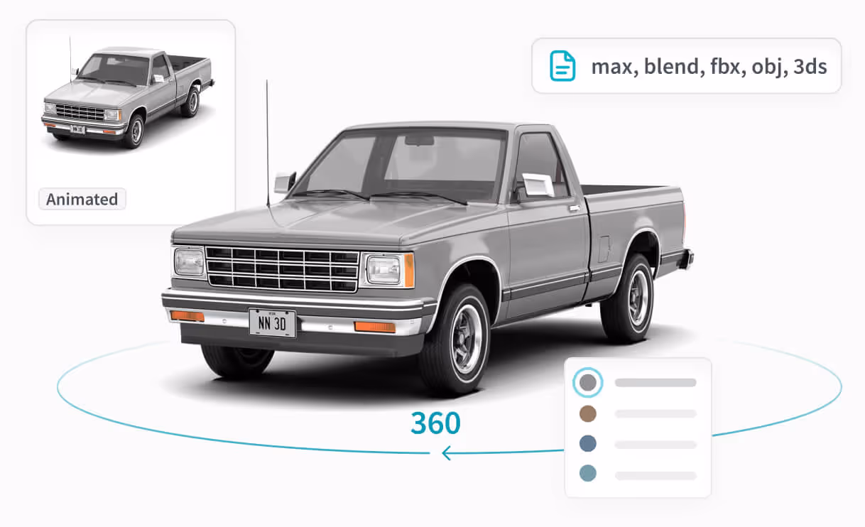 Modèle 3D d'une camionnette argentée avec vue à 360 degrés et options de format de fichier telles que max, blend, fbx, obj et 3ds.