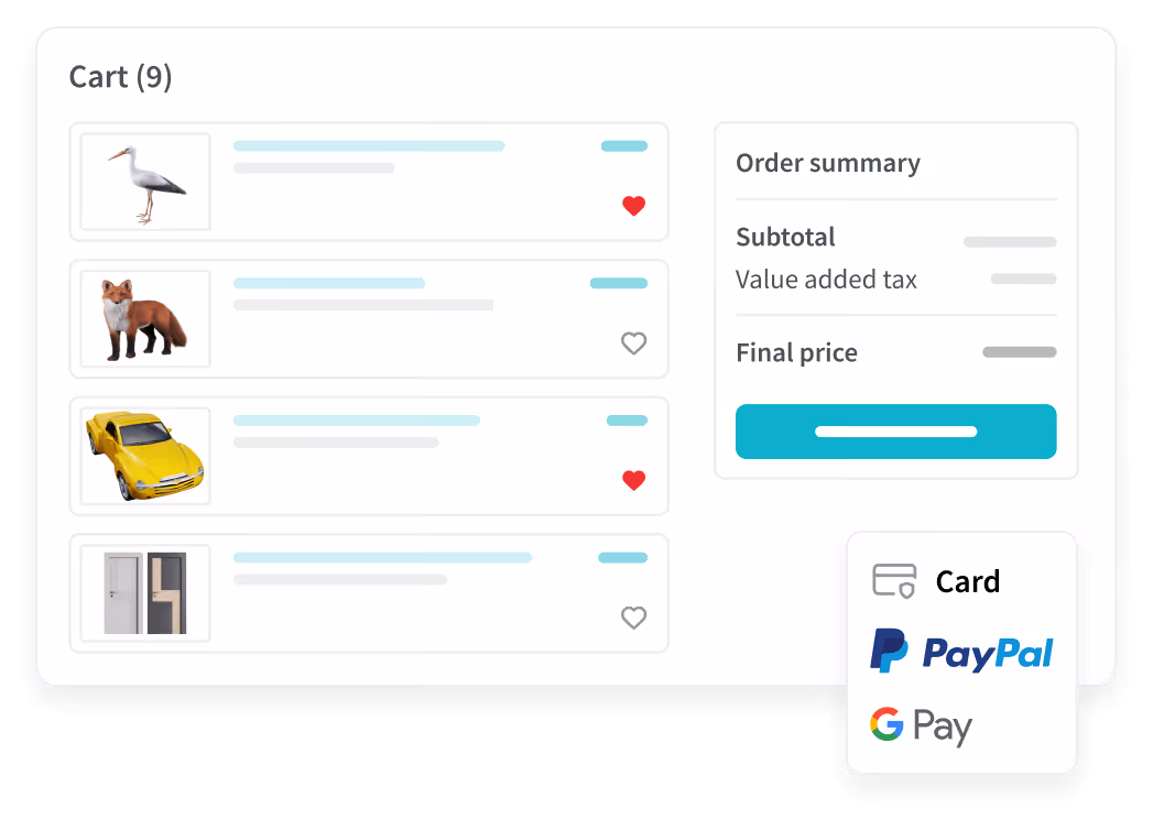 Panier d'achat en ligne contenant neuf articles, dont une cigogne, un renard, une voiture jaune et une portière, avec un récapitulatif de la commande indiquant le sous-total, les taxes et le prix final, ainsi que les options de paiement par carte, PayPal et Google Pay.