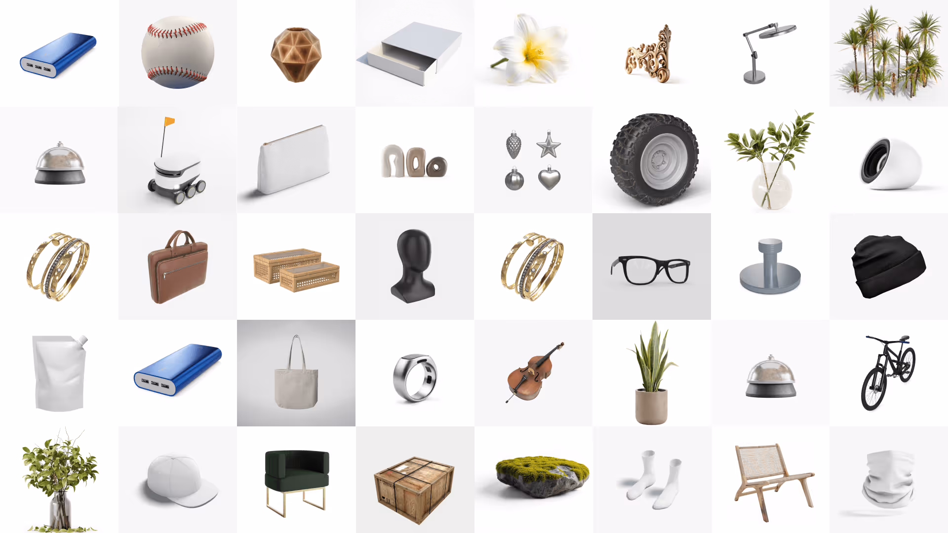 Grille de divers modèles 3D comprenant une batterie externe, une balle de baseball, un vase géométrique, une boîte, une fleur, un coin orné, une lampe de bureau, des palmiers, une cloche de service, un robot de livraison, une pochette, un décor en céramique, des décorations de Noël, un pneu, un vase avec feuillage, un haut-parleur moderne, des bracelets, une mallette, des paniers en osier, une tête de mannequin, des lunettes, un verrou, un bonnet noir, une pochette souple, un sac fourre-tout, une bague en métal, un violon, une plante serpent en pot, un vélo, une plante feuillue, casquette blanche, fauteuil vert, caisse en bois, pierre moussue, chaussettes blanches, chaise en bois et cache-cou blanc.