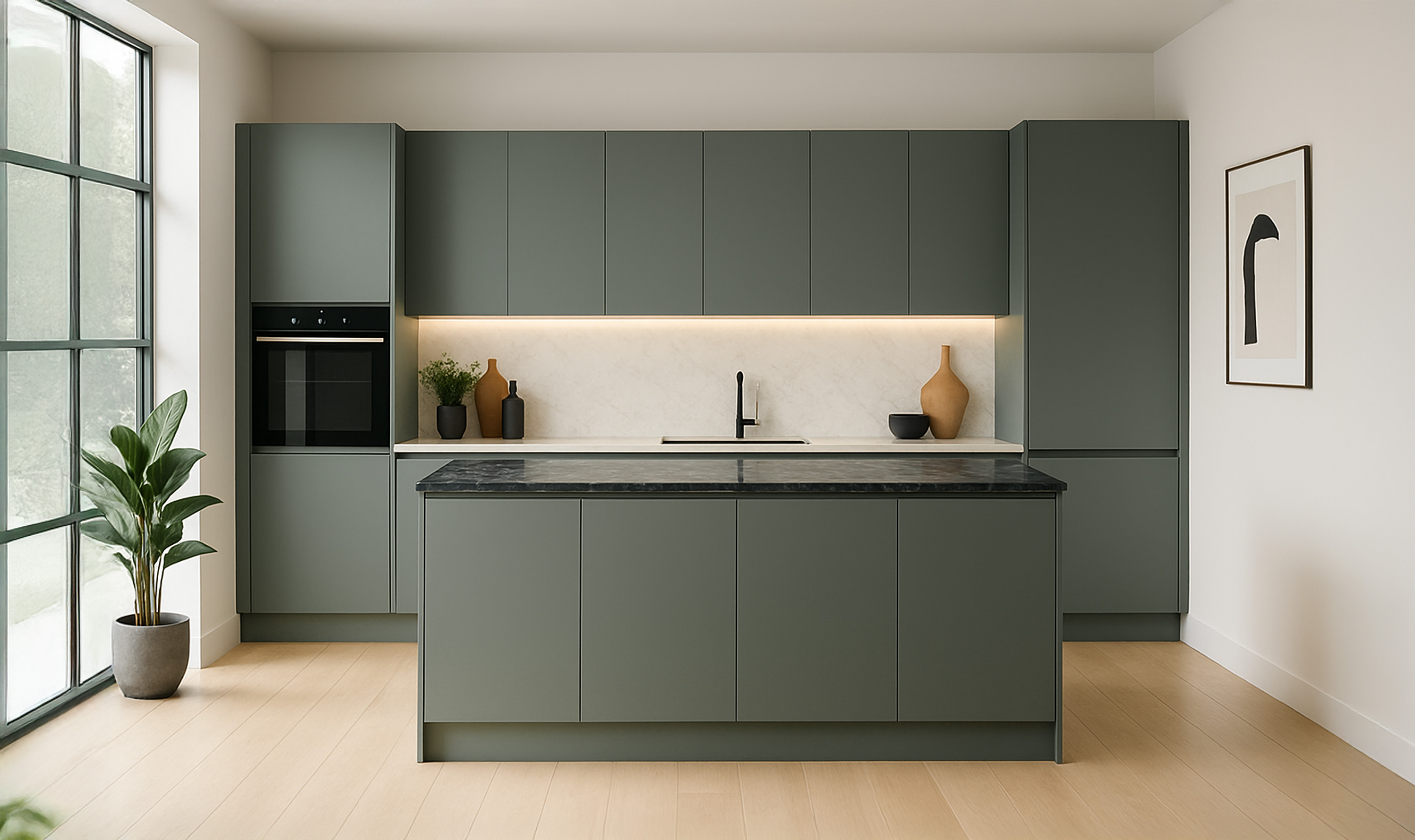 Groene keukenwrap met wit marmeren blad en licht eiken vloer