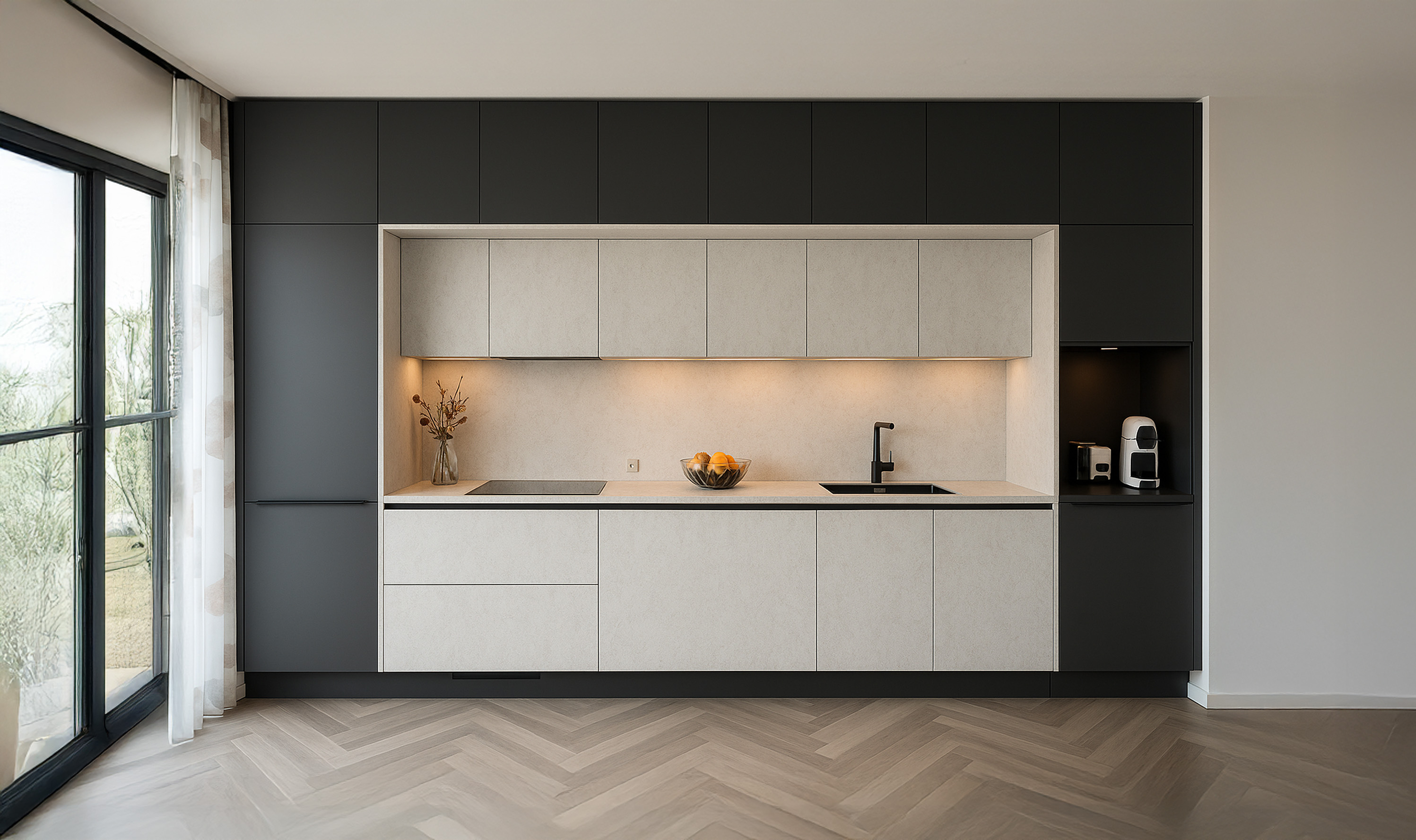 Keuken gewrapt in licht betonlook wrapfolie