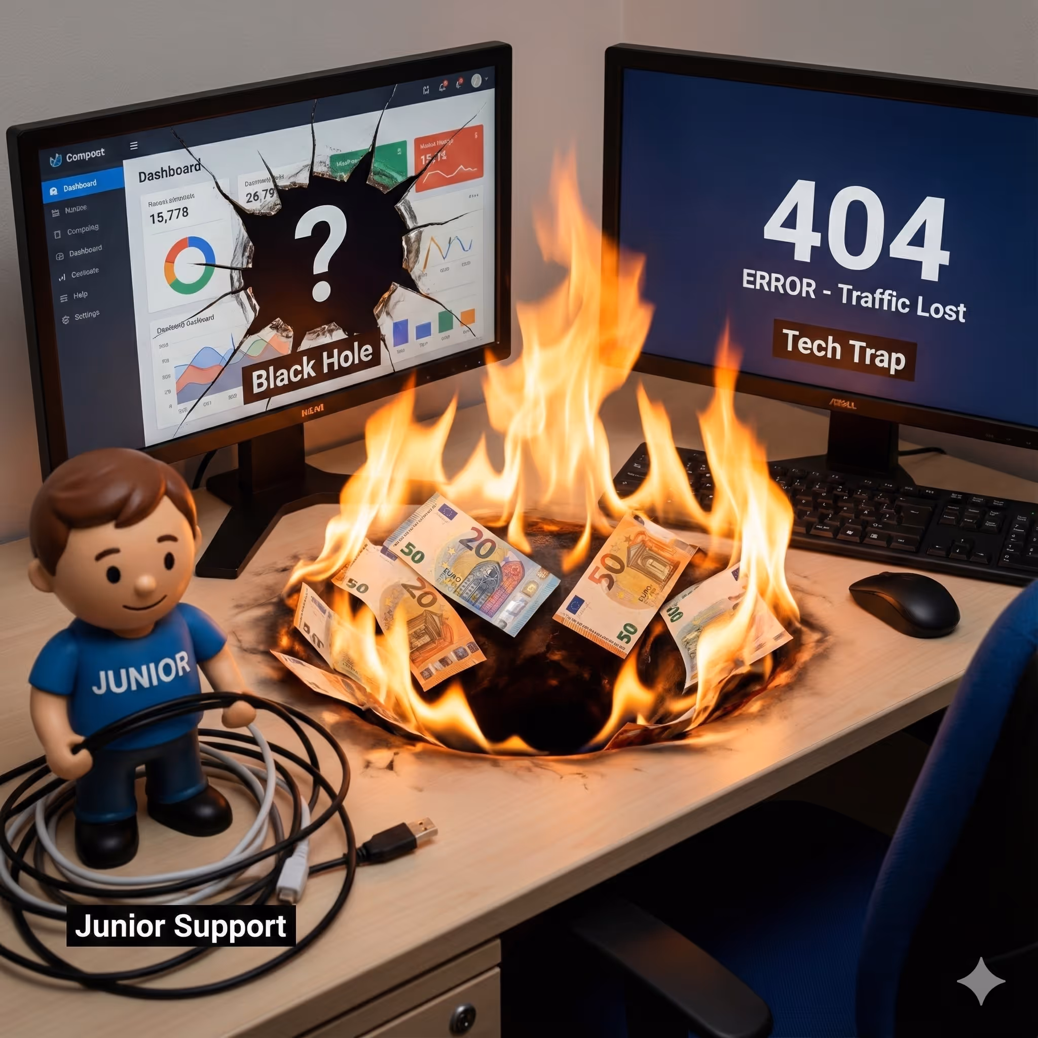 Ein Schreibtisch mit zwei Monitoren, auf einem Bildschirm ist ein Dashboard mit der Aufschrift Black Hole und Fragezeichen mit einem Einschussloch zu sehen, auf dem anderen Bildschirm steht 404 ERROR - Traffic Lost und Tech Trap, zwischen den Monitoren brennt ein Loch mit Geldscheinen, daneben steht eine Junior-Support-Figur mit Kabeln.