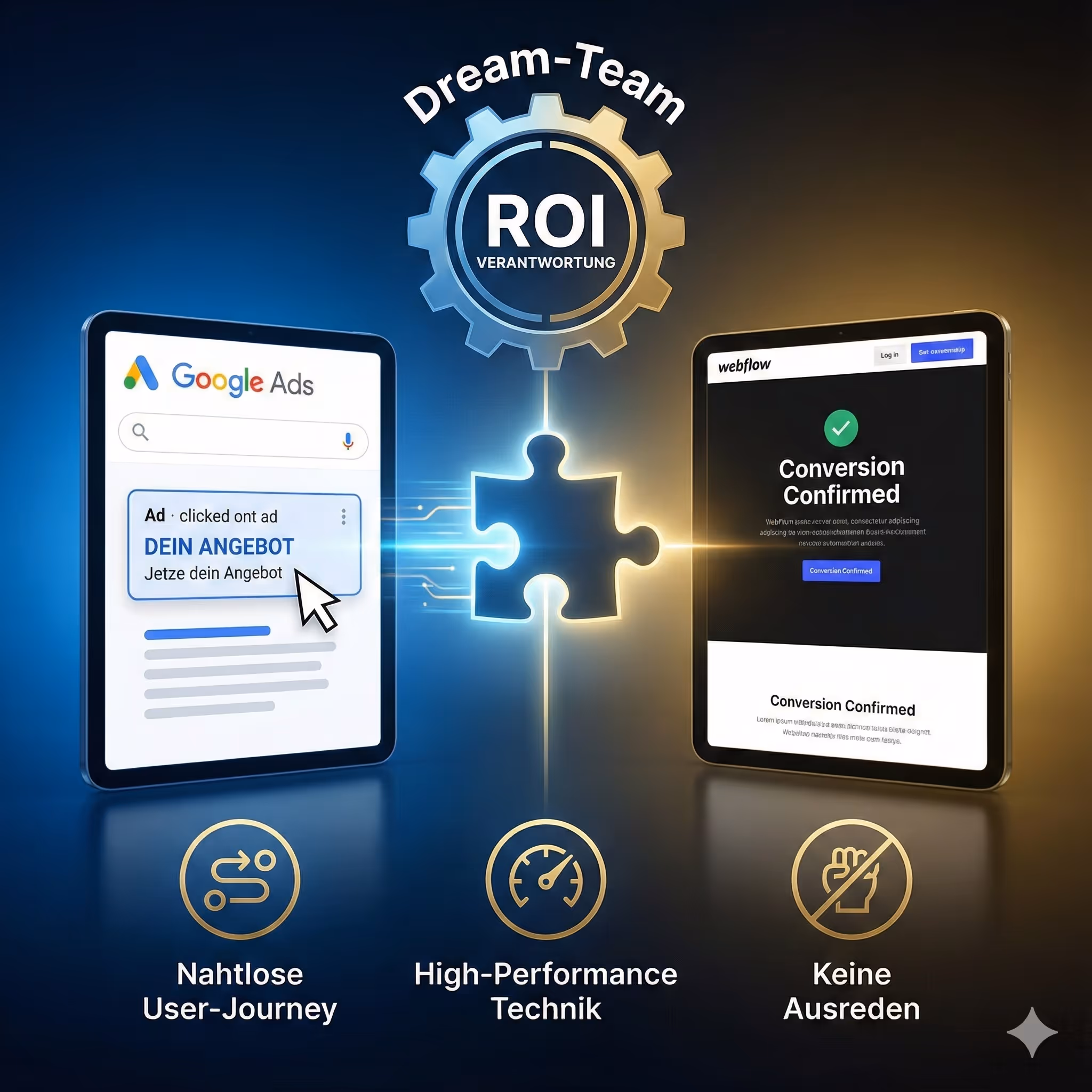 Darstellung eines Dream-Teams mit ROI-Verantwortung, zeigt Google Ads auf einem Tablet links, eine Puzzle-Verbindung in der Mitte und eine Conversion-Bestätigung auf einem Webflow-Tablet rechts, unterstützt von Symbolen für nahtlose Nutzerreise, High-Performance Technik und keine Ausreden.