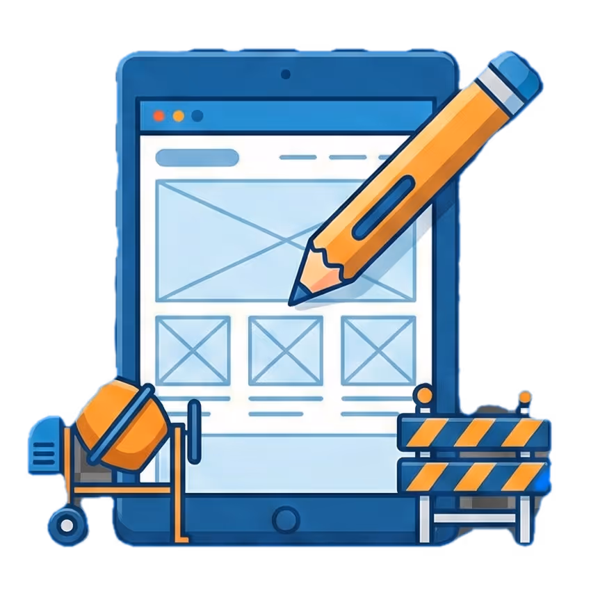 Tablet mit Website-Layout, großem Stift, Betonmischer und Baustellenabsperrung als Symbol für Webdesign und Entwicklung.