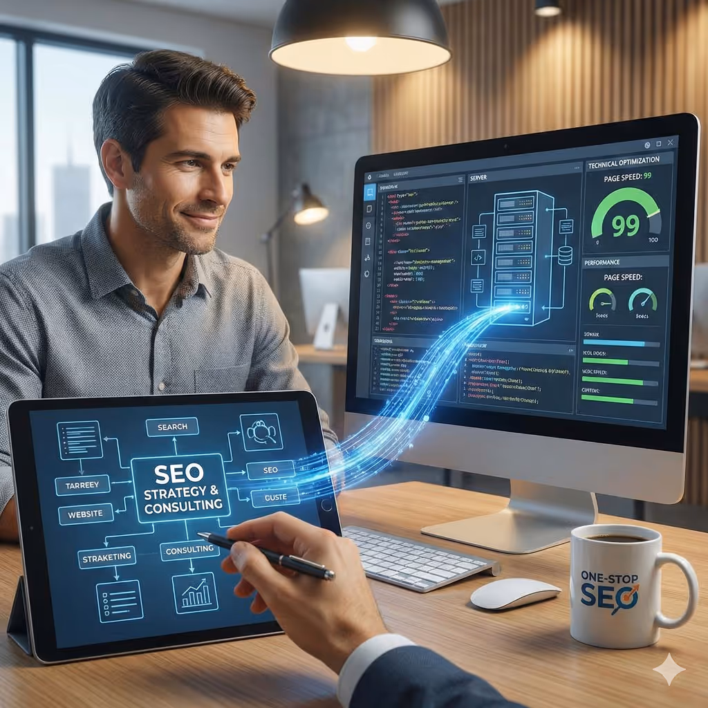 Zwei Männer arbeiten zusammen an SEO-Strategien, eine digitale Grafik mit SEO-Strategie- und Beratungsbegriffen auf einem Tablet und ein Monitor mit technischer Optimierungssoftware.