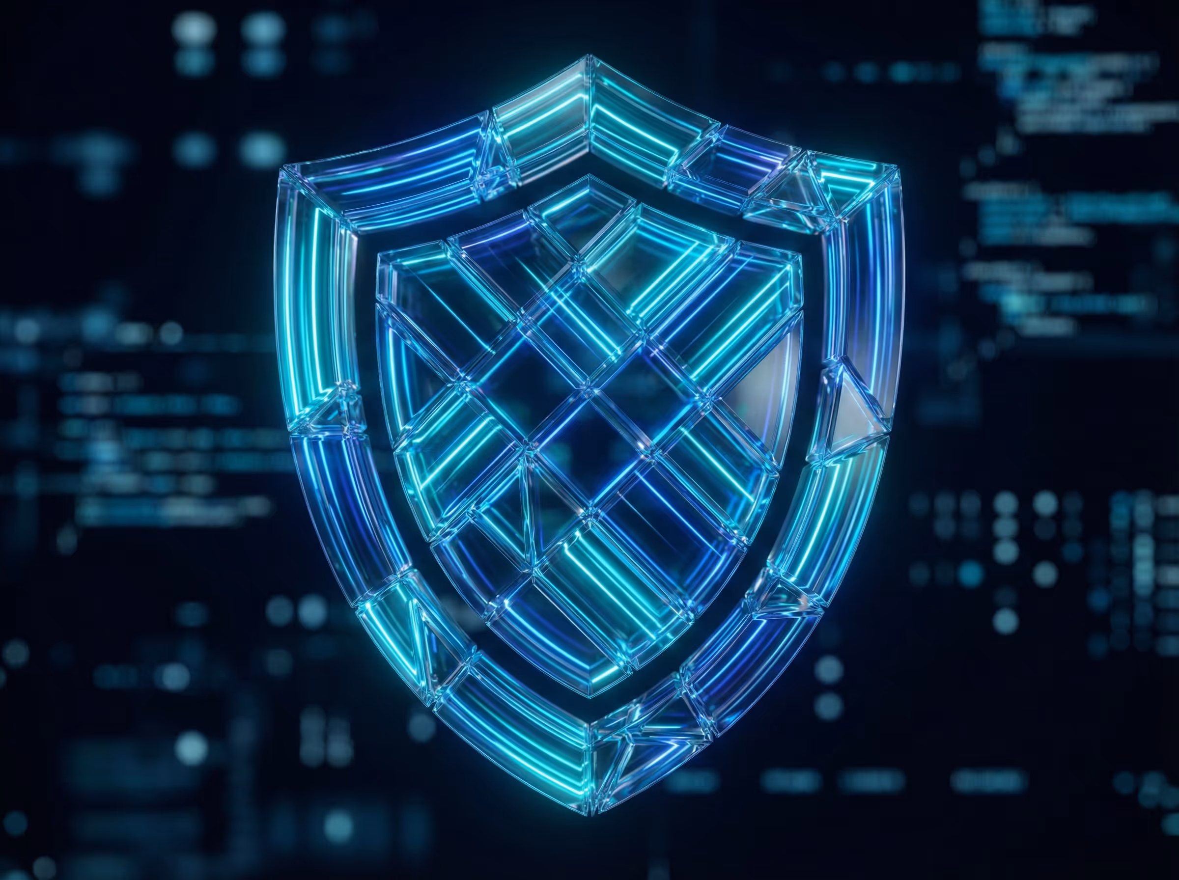 Website erstellen lassen Abstraktes 3D-Glasschild, leuchtend blau. Symbol für Sicherheit und Performance von Webflow Websites.