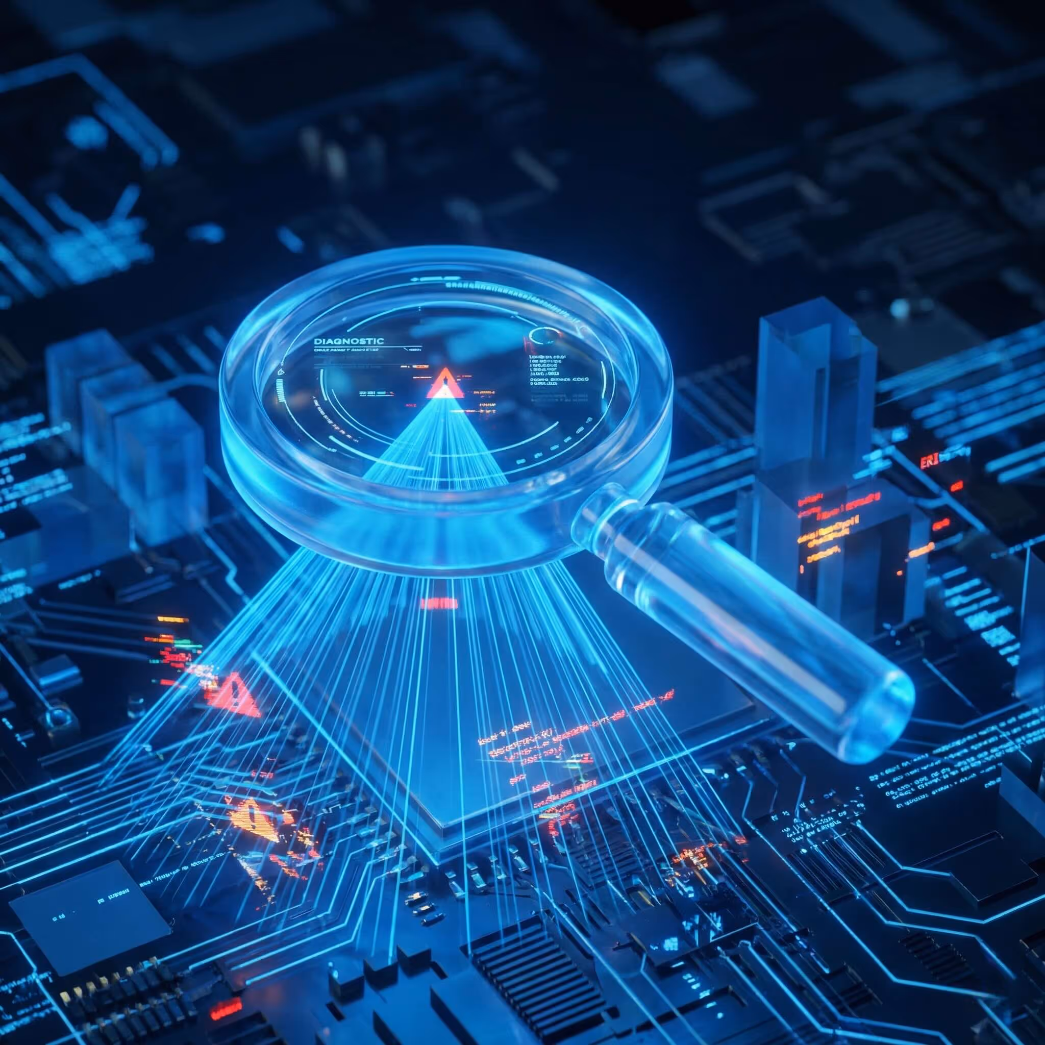 Eine Lupe scannt eine digitale Landschaft zur Fehleranalyse (SEO Audit).