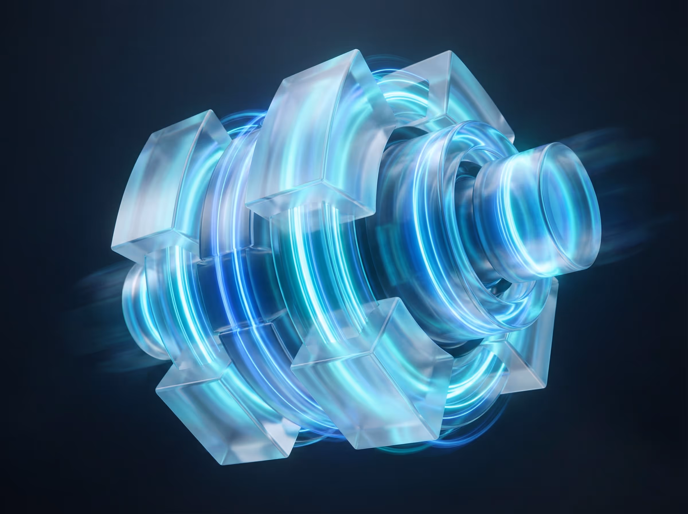 Abstrakter, reibungslos laufender Motorenkern aus ineinandergreifenden Glas- und Lichtmodulen, Symbol für High-Performance Webflow Entwicklung und No-Code Geschwindigkeit.