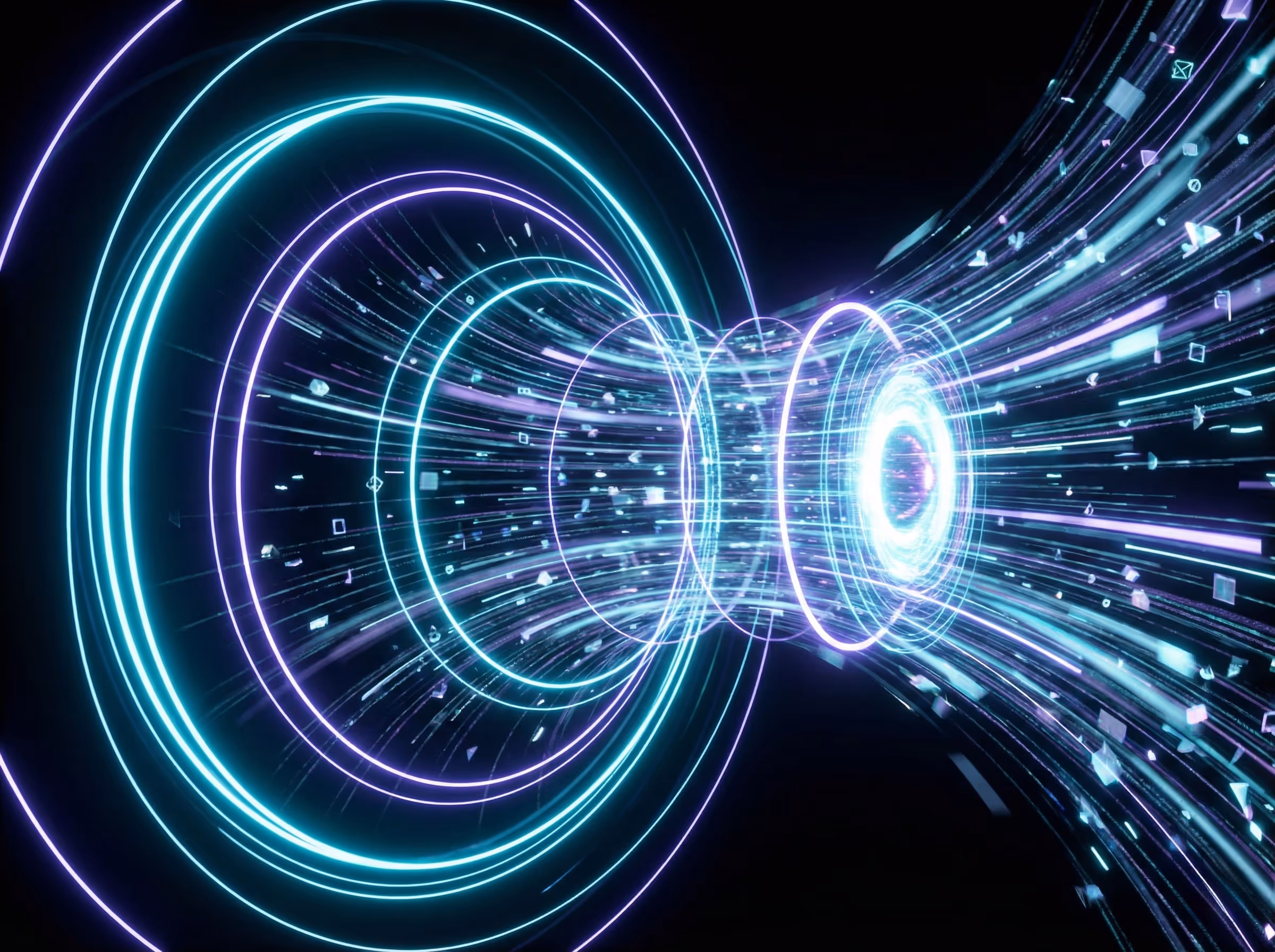 Futuristischer digitaler Trichter aus Lichtringen bündelt schnelle Datenströme auf einen Fokuspunkt, Symbol für Landingpage-Conversion und gezielte Lead-Generierung.