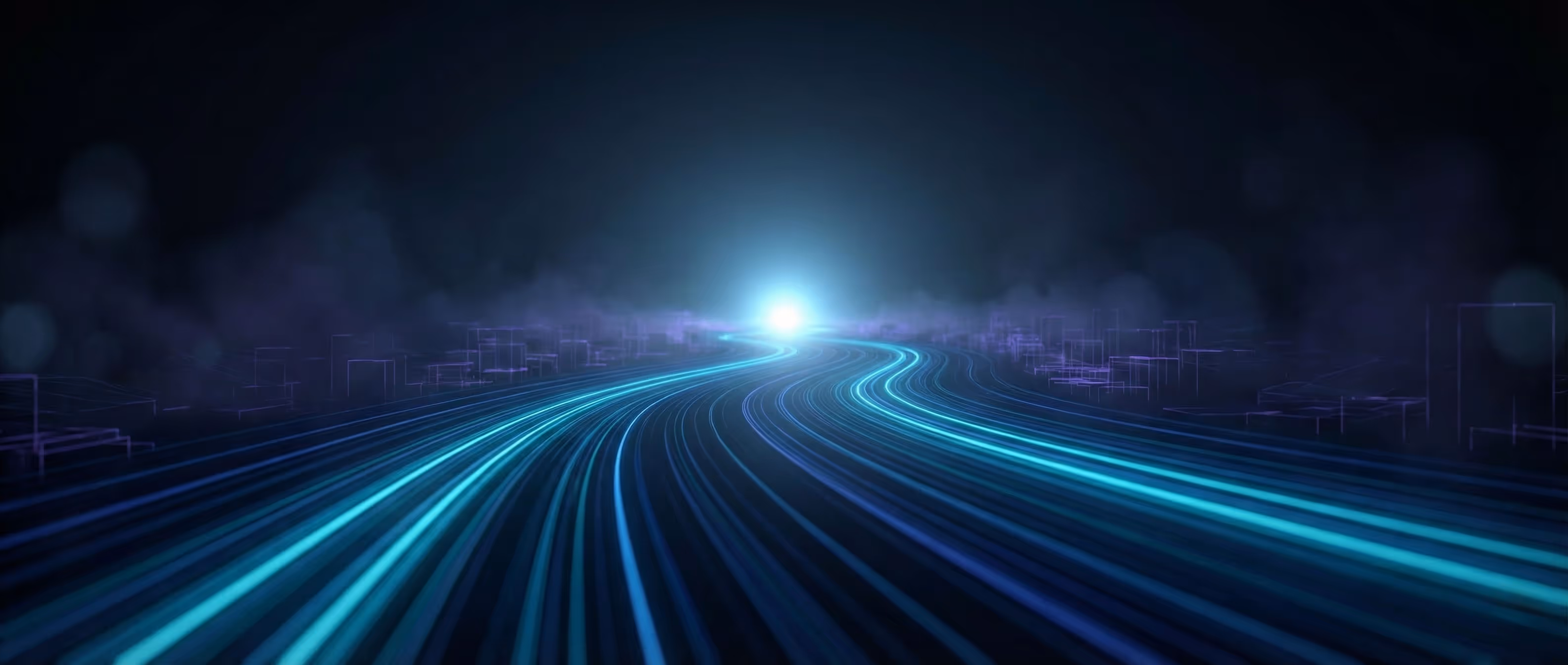 Futuristische digitale Landschaft mit leuchtenden Datenströmen, die auf einen gemeinsamen Horizont zufließen, als Hintergrund für den Kontaktbereich.