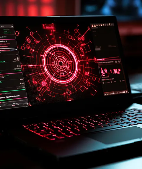 Laptop with red glowing keyboard and futuristic red circular digital interface on screen.