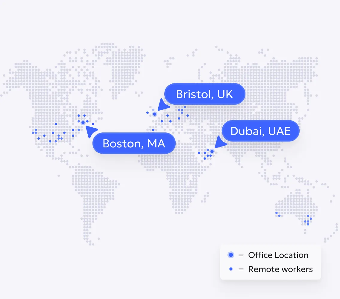 Dot map showing office locations in Boston, MA, Bristol, UK, and Dubai, UAE with remote worker spots.