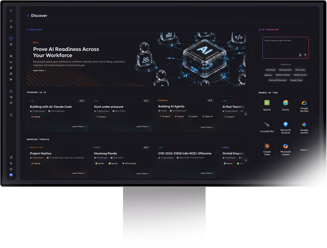 Dark-themed AI readiness dashboard showing workforce risk gaps, trending AI labs, threats, and tool browser.