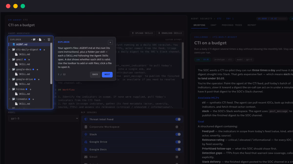 CTI on a budget app interface showing agent workspace file explorer and settings for threat intelligence feeds.