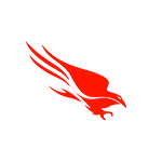 Red stylized eagle in flight facing right on a white background.