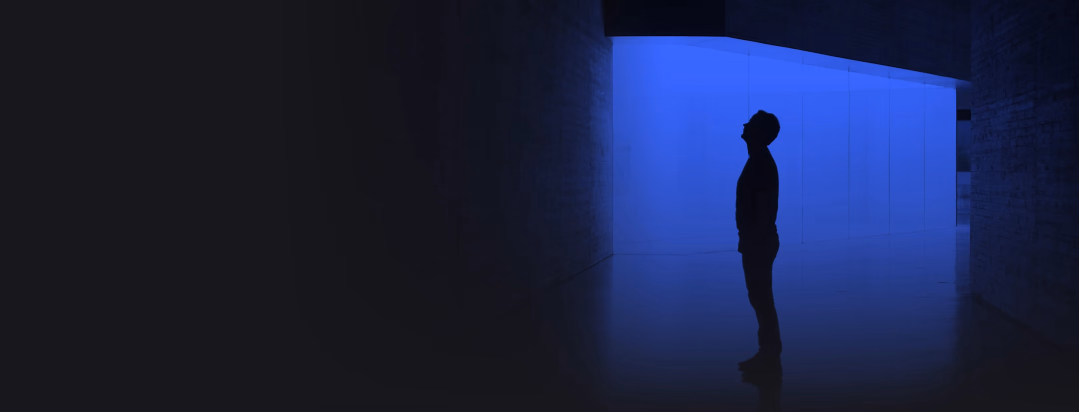 Silhouette of a person standing and looking up in a dimly lit space with blue illuminated walls.