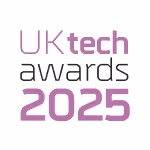 UK Tech Awards 2025 logo with stylized text in purple and black on white background.