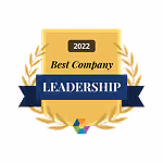 Gold medal with laurel wreath reading '2022 Best Company Leadership' on a navy blue ribbon.