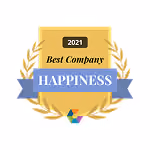 2021 Best Company Happiness award featuring a gold plaque with laurel wreath and blue ribbon.